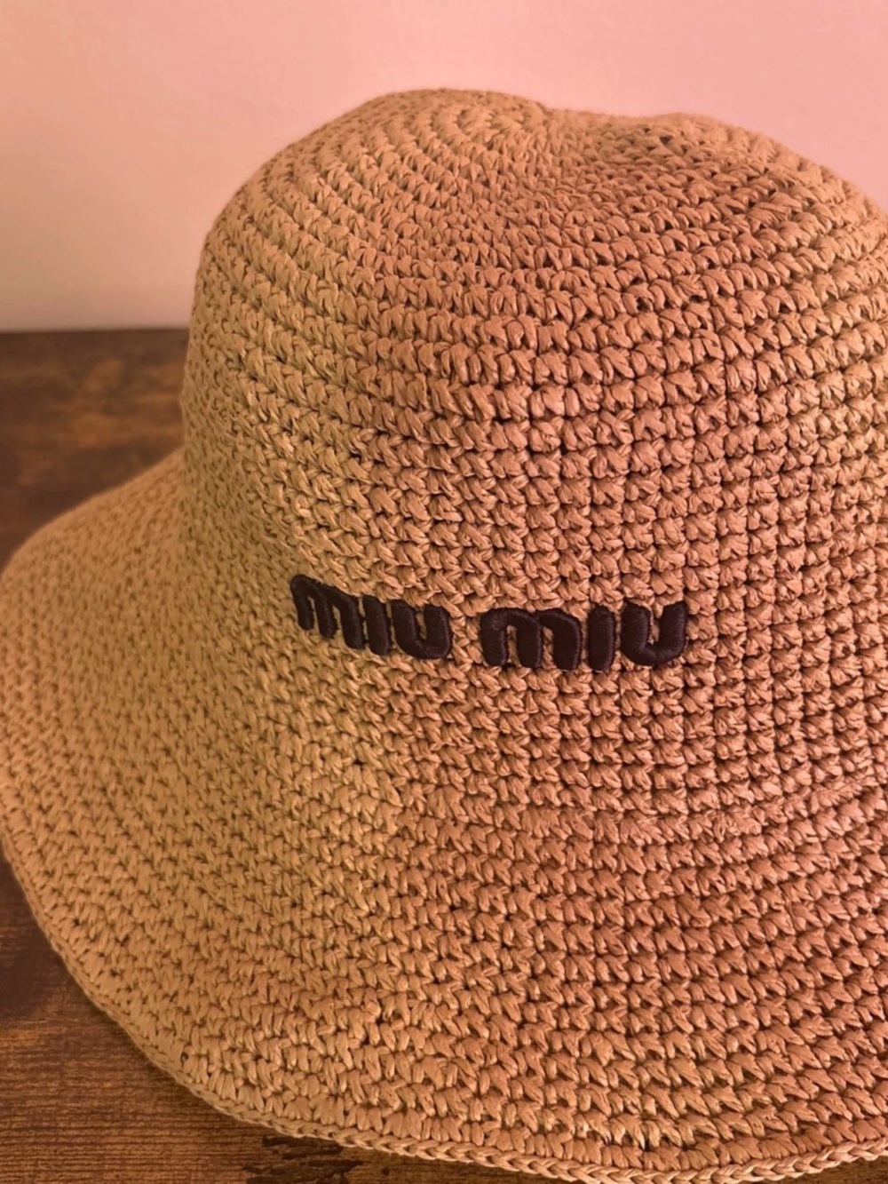Miu Miu Straw Crochet Bucket Hat in Tan with Black Logo